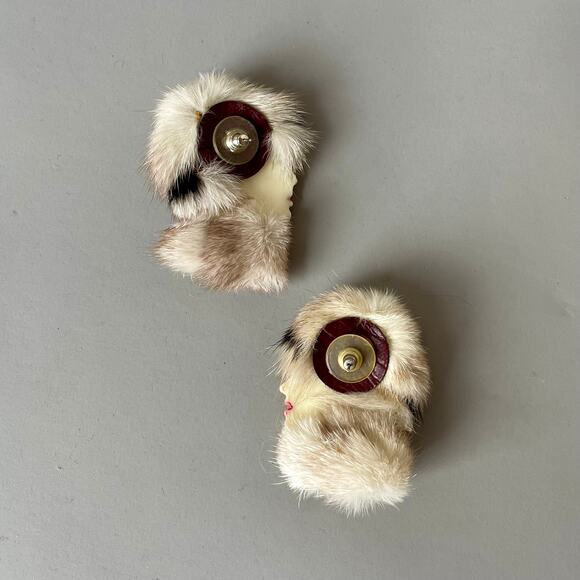 80s VTG Mink Fur Lady Face Post Earrings Fashion Ladies Genuine Fur Hand Painted - Picture 3 of 5